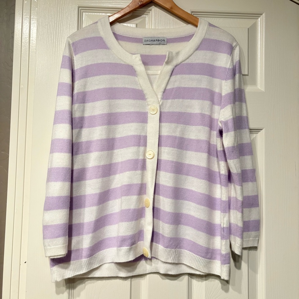 SAG HARBOR Lavender White Striped Button Cardigan Sweater Size XL Modest Spring